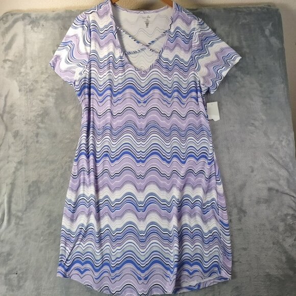 Just Be Womens Plus Size 1X Wave Print Crisscross Neck Short Sleeve Dress Purple - Picture 1 of 7